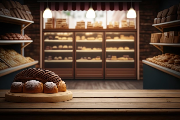 Bakery store background with wooden countertop in foreground