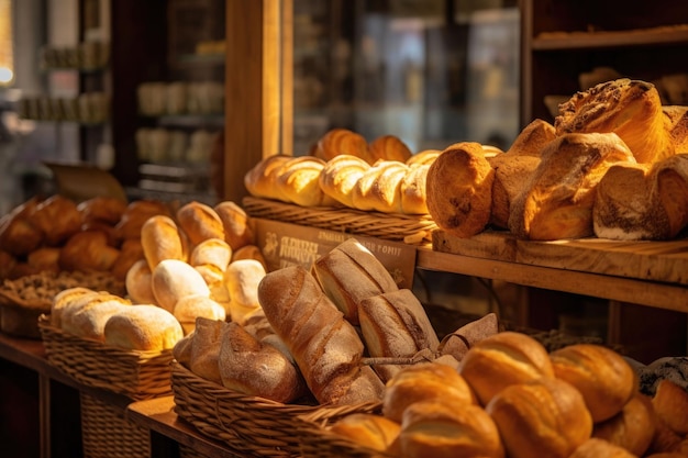 A bakery store with bread and pastries Different kinds of bread cakes and buns Generative AI