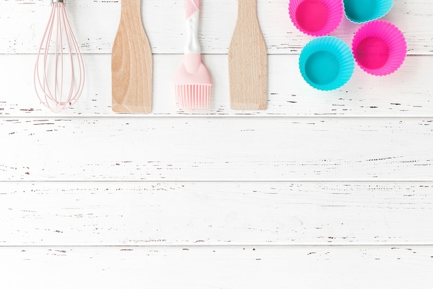 Bakery tools.. Top view of kitchenware. Cooking stuff flatlay with copy space.