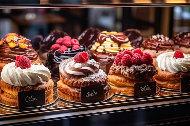 Foto vetrina di panetteria con torte di tutte le forme e dimensioni