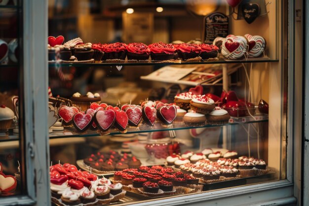 Photo a bakery window display filled with treats like heartshaped cookies red velvet cupcakes and choc