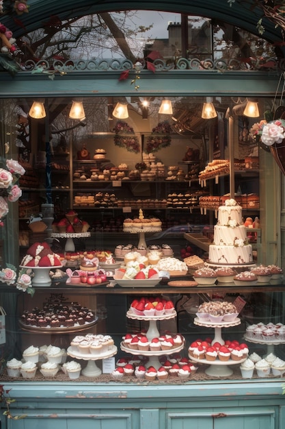 Photo a bakery window display filled with treats like heartshaped cookies red velvet cupcakes and choc