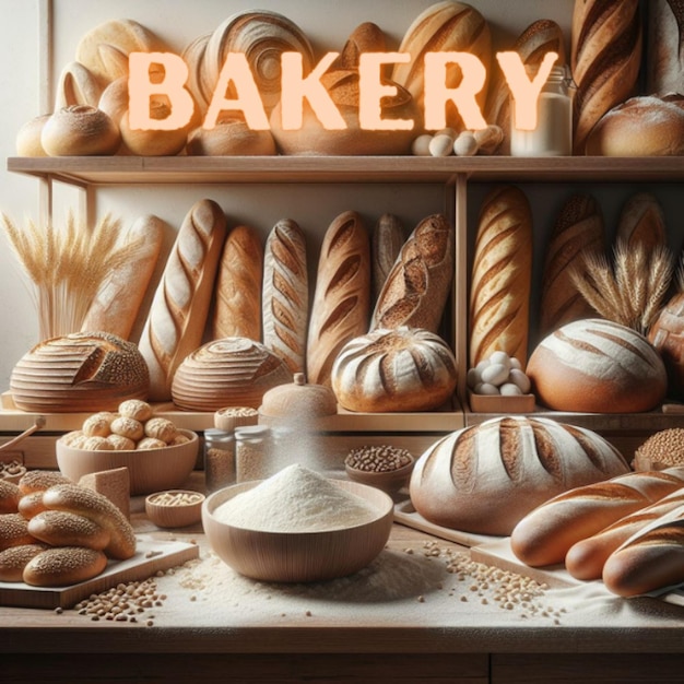 a bakery with bread on the shelf and the word bakery on the top