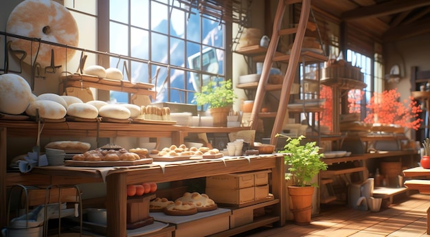 A bakery with a bunch of breads on the shelf illustration Painting