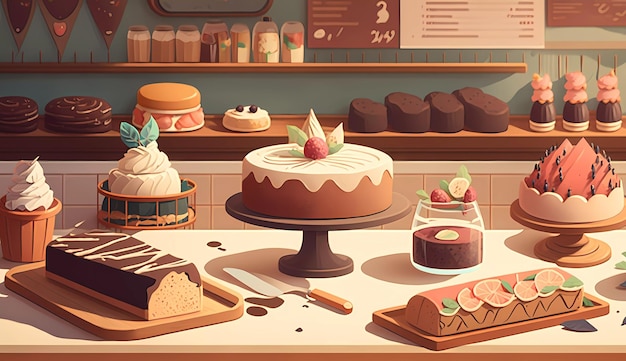 A bakery with cakes and a glass of wine