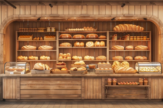 Photo a bakery with a colorful wall and wooden shelves