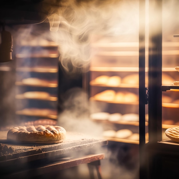 Bakery with hot fresh bread and pastry baking in the old town bakery freshly baked products on shelves and the oven small local business and food production idea