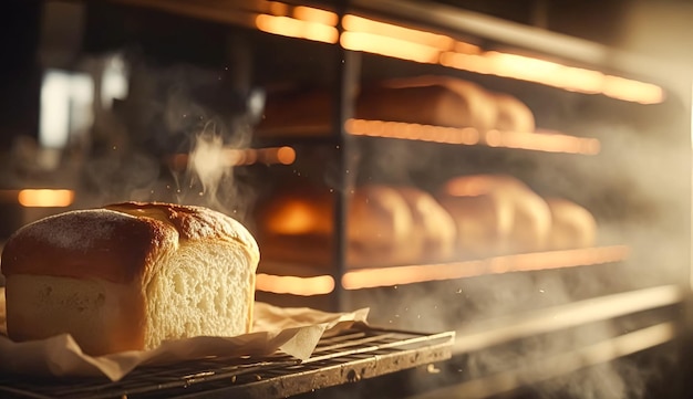 Bakery with hot fresh bread and pastry baking in the old town bakery freshly baked products on shelves and the oven small local business and food production idea