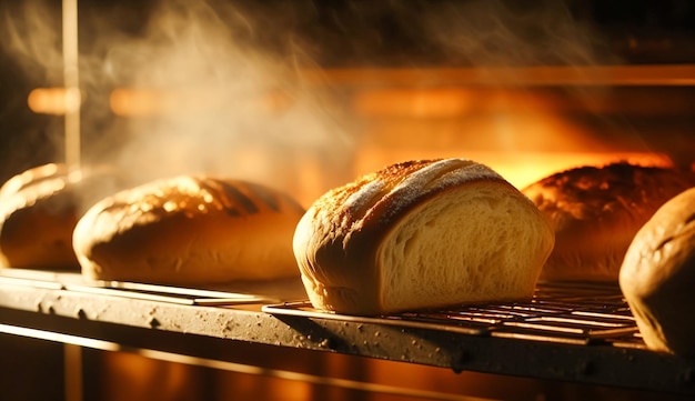 Bakery with hot fresh bread and pastry baking in the old town bakery freshly baked products on shelves and the oven small local business and food production idea