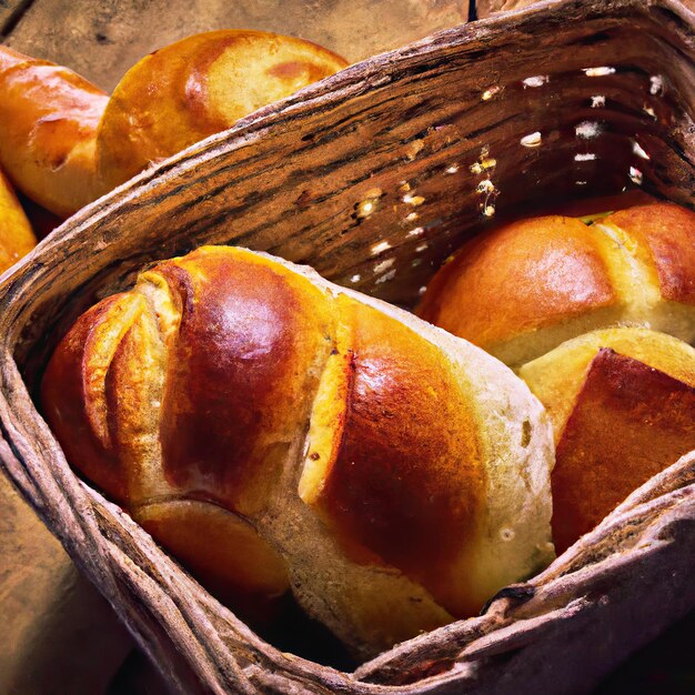 다양한 종류의 갓 구운 빵이 있는 베이커리 빵 바게트 베이글 달콤한 빵과 크루아상 3D 표현을 닫습니다