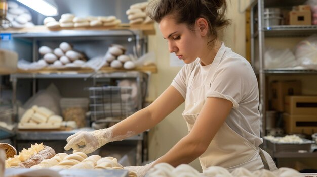 Photo bakery woman wearing white apron working in her bakery