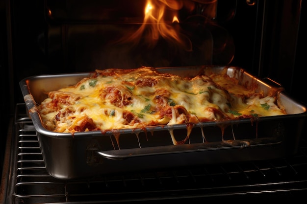 Foto bakgerecht met smakelijke lasagne in de oven close-up view een familysized lasagne die uit de oven komt ai gegenereerd