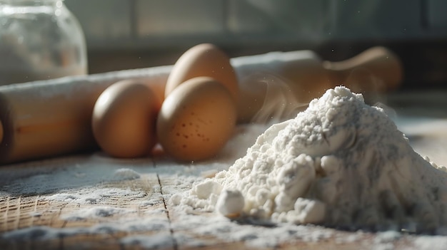 Baking achtergrond ingrediënten meel suiker eieren en rollende pin bij licht steen tafel Generatieve AI