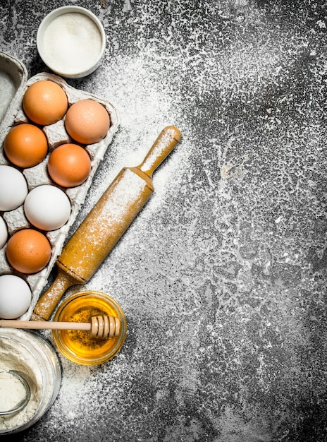 Photo baking background. fresh ingredients for baking. on rustic background.