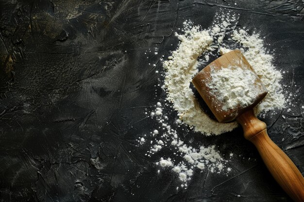 Baking background with rolling pin and flour on table