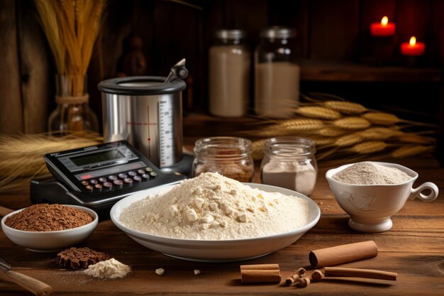 Baking bliss measuring out perfection with flour on a digital scale on a rustic wooden table