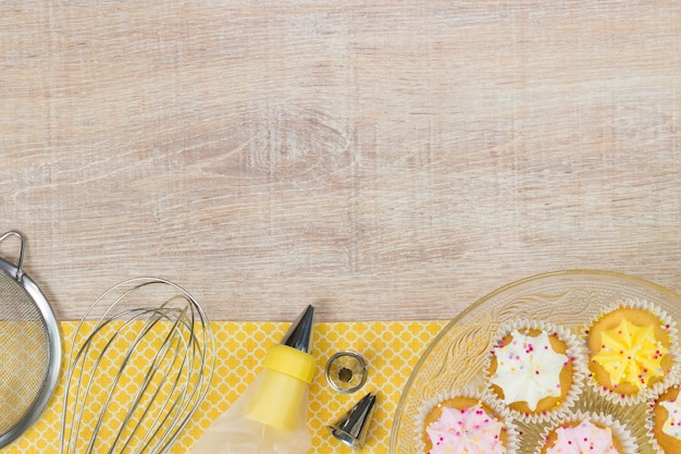 Baking a cake. Top view with space for your text.