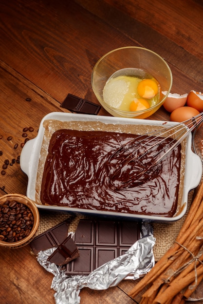 Baking chocolate cake in rustic kitchen.