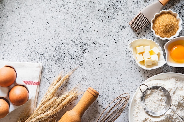 Premium Photo | Baking or cooking background frame ingredients kitchen  items for baking cakes kitchen utensils flour eggs brown sugar butter text  space top view cookies pie or cake recipe mockup
