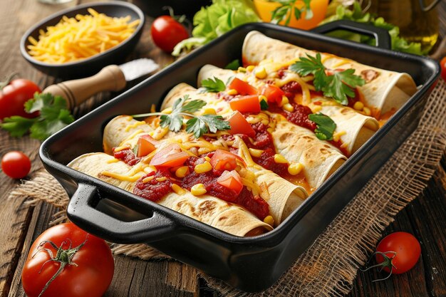 Baking dish filled with cheese enchiladas in red sauce
