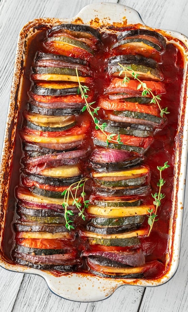 Baking dish with Briam Greek Vegetable Bake