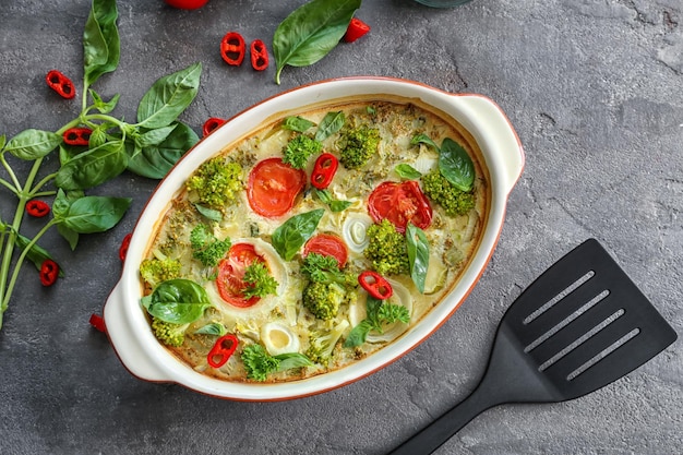 Baking dish with broccoli casserole on table