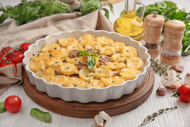 Baking dish with potato casserole on table