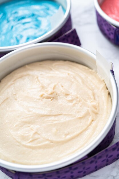 Baking homemade round vanilla cake.