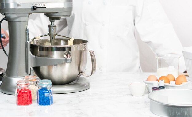 Baking homemade round vanilla cake.