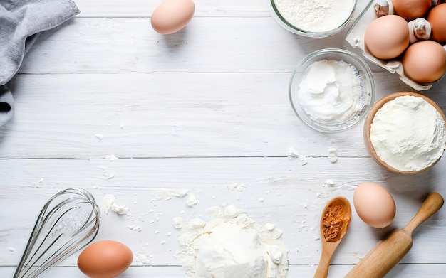 Baking ingrediënten meel eieren suiker met een rolspeld op een lichte witte houten achtergrond