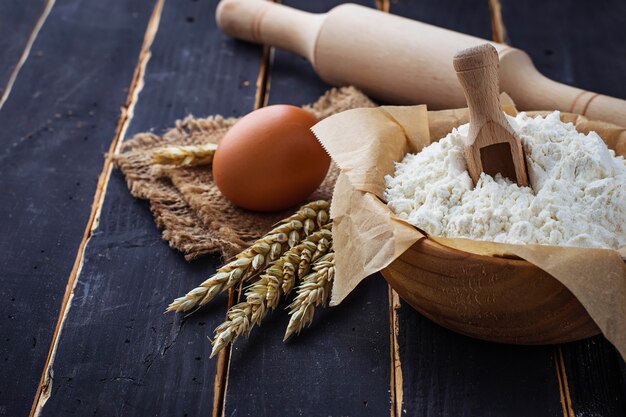 Baking ingredients egg, flour, rolling pin