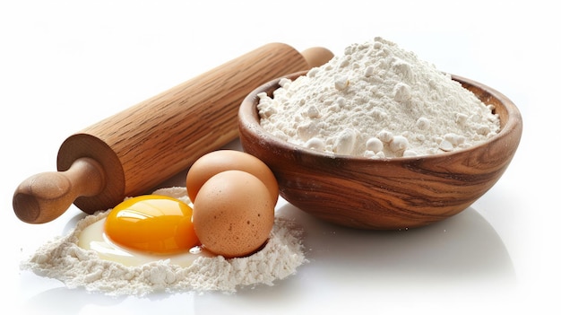 Baking ingredients flour in bowl with eggs and rolling pin over white background