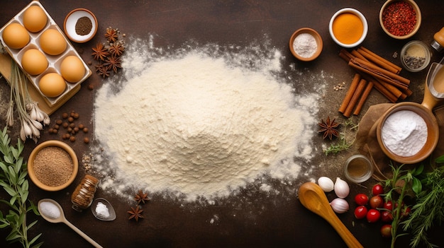 Baking ingredients and kitchen utensils on dark background