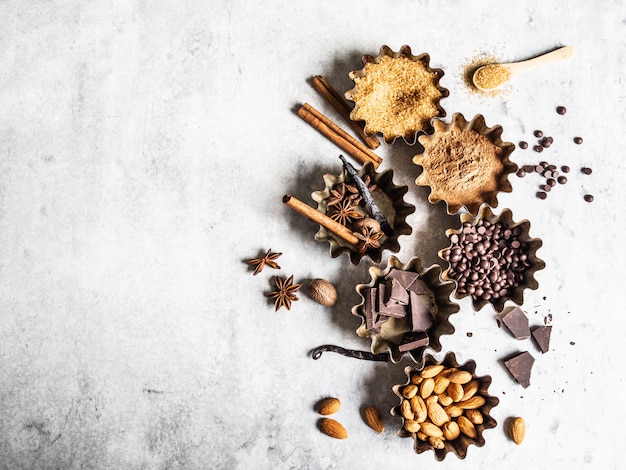 Baking ingredients on  marbled background