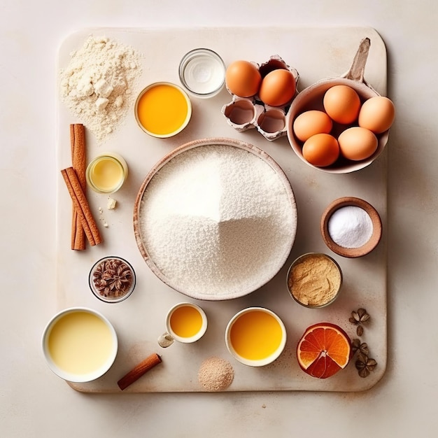 Baking ingredients placed on table