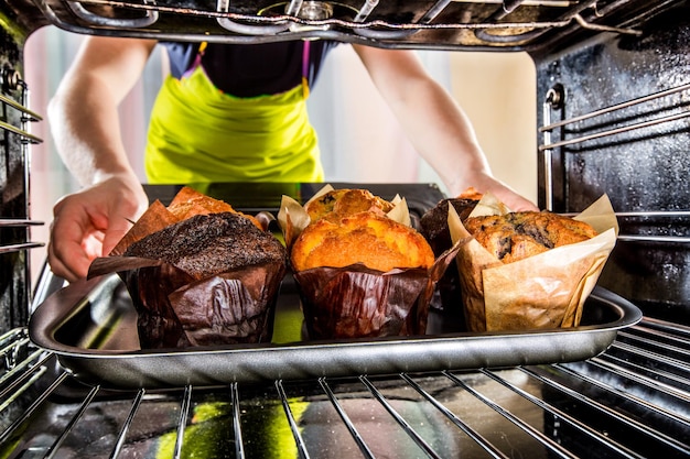 Baking muffins in the oven, view from the inside of the oven. Cooking in the oven.