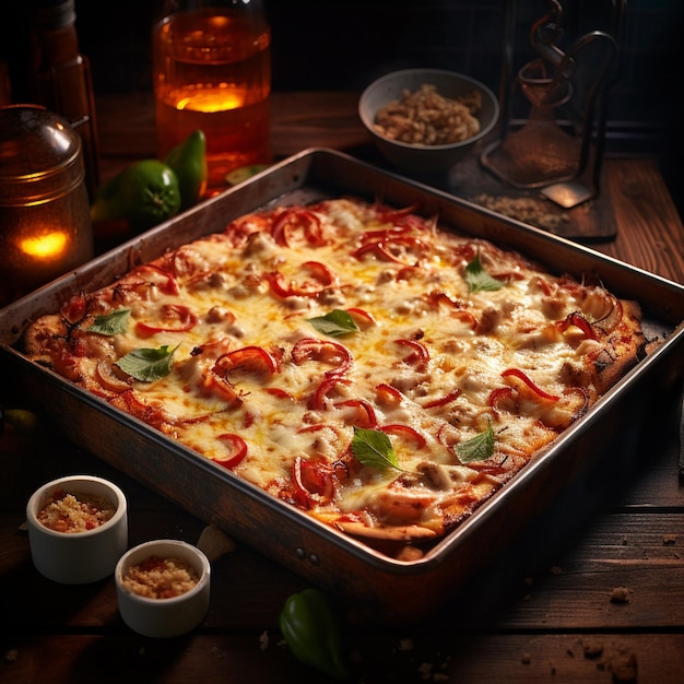 A Baking pan with tasty pizza margarita on wooden