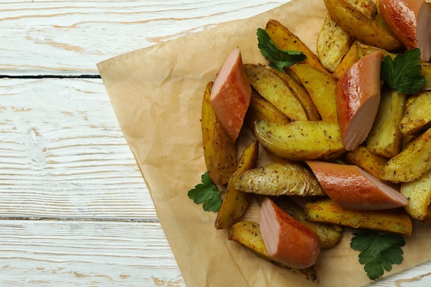 Baking paper with potato wedges and fried sausage on wooden