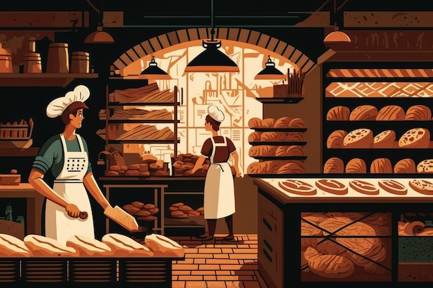 Baking the Perfect Loaf vector style Illustration of a Bustling Bakery with Artisanal Ovens