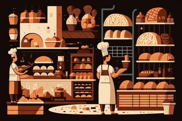 Baking the Perfect Loaf vector style Illustration of a Bustling Bakery with Artisanal Ovens