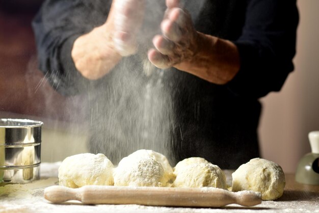 Photo baking process ingredients for baking at home holiday cake food cooking powdered sugar chocolate sweet