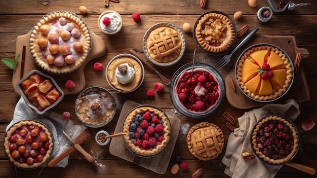 Baking scene with a variety of homemade fruit pies