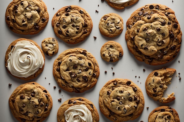 A baking sheet of chocolate chip cookies with whipped cream on top.