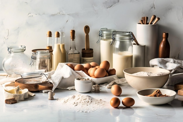 Baking supplies and equipment on white marble table