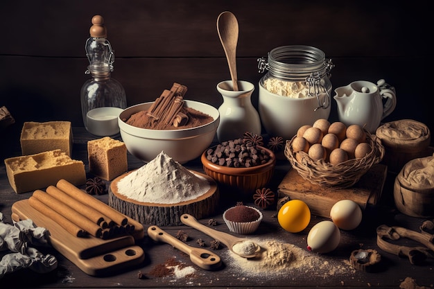 Baking supplies on a wooden table