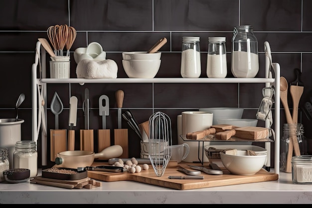 Baking tools and equipment arranged in perfect baking studio setup created with generative ai