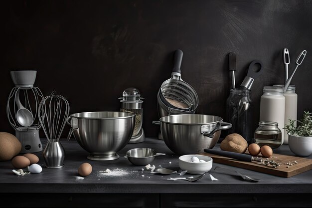 Baking tools and equipment in a sleek modern setting created with generative ai