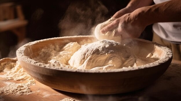 Photo the baking of a traditional wheat sourdough in a particular vessel