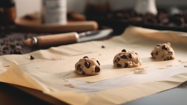 A baking tray with balls of chocolate chip cookie dough