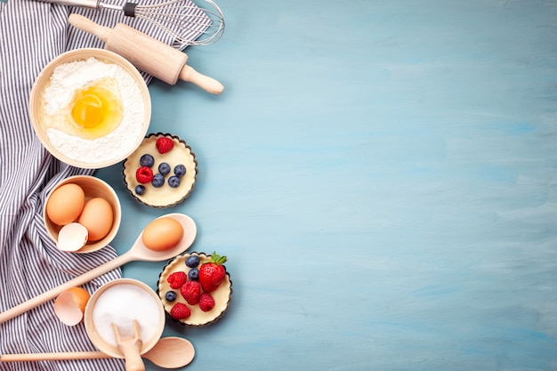 Baking utensils and cooking ingredients for tarts, cookies, pastry. 